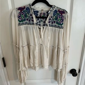 Free People Embroidered Bishop Sleeve Blouse Size S